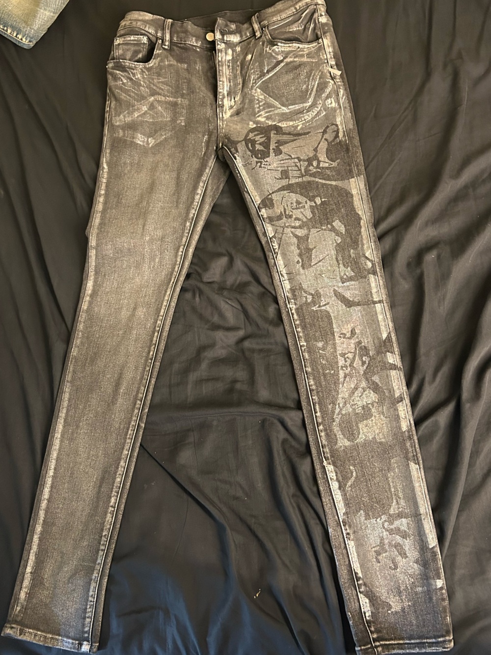 MNML Black Washed Skinny Jeans with Subtle Printed Panel